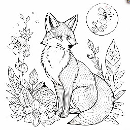 A floral coloring page with a fox and lanterns
