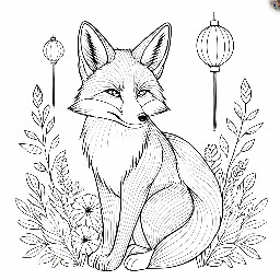 A floral coloring page with a fox and lanterns