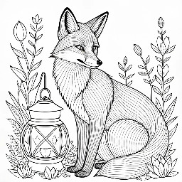 A floral coloring page with a fox and lanterns