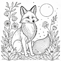 A floral coloring page with a fox and lanterns
