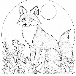 A floral coloring page with a fox and lanterns