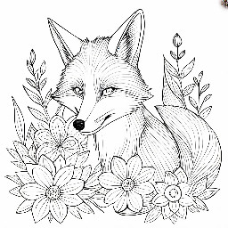 A floral coloring page with a fox and lanterns