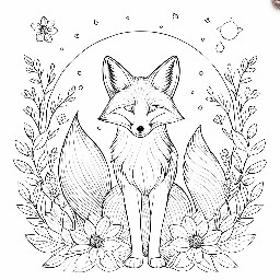 A floral coloring page with a fox and lanterns