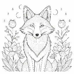 A floral coloring page with a fox and lanterns