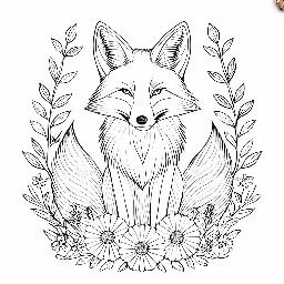 A floral coloring page with a fox and lanterns