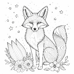 A floral coloring page with a fox and lanterns