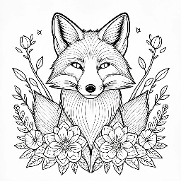 A floral coloring page with a fox and lanterns