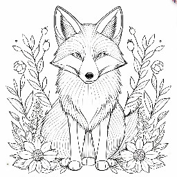 A floral coloring page with a fox and lanterns