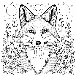 A floral coloring page with a fox and lanterns