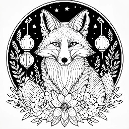 A floral coloring page with a fox and lanterns