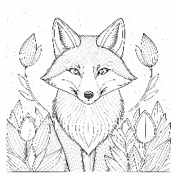 A floral coloring page with a fox and lanterns